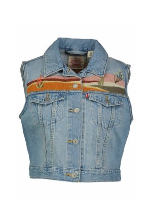 Light blue denim sleeveless vest with button front, two chest pockets, and multicolored embroidered floral and abstract stripes across shoulders.