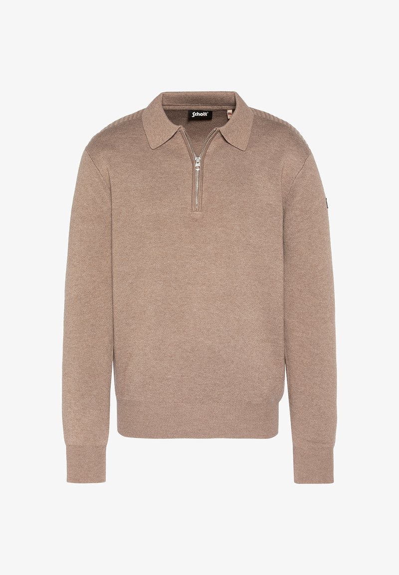 Pull marron à manches longues avec col et fermeture éclair courte à l’avant de Schott, avec poignets et ourlet côtelés.