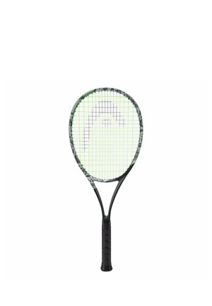 Racchetta da tennis nera e grigia con corde verde neon e presa nera, mostrata in posizione verticale su sfondo bianco.