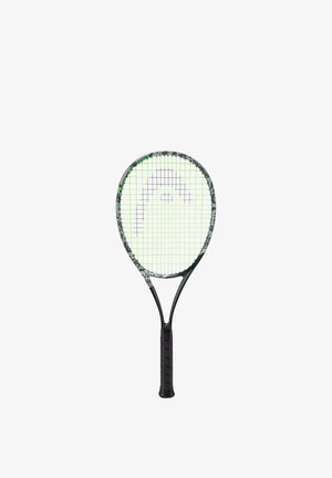 Racchetta da tennis nera e grigia con corde verde neon e presa nera, mostrata in posizione verticale su sfondo bianco.