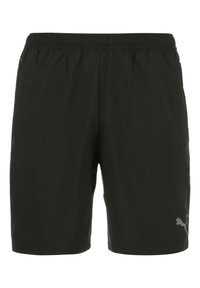 Schwarze Sportshorts aus leichtem Material, mit einem elastischen Bund und einem kleinen grauen Puma-Logo auf der unteren rechten Seite.