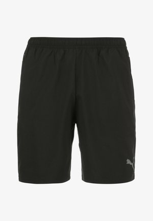 Pantalones cortos deportivos negros hechos de un tejido ligero, con una cinturilla elástica y un pequeño logo gris de Puma en el lado inferior derecho.
