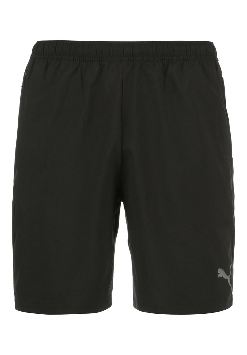 Schwarze Sportshorts aus leichtem Material, mit einem elastischen Bund und einem kleinen grauen Puma-Logo auf der unteren rechten Seite.