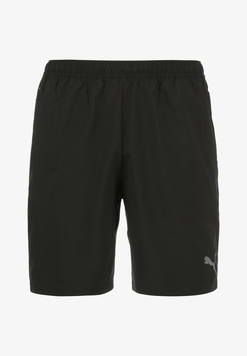 Schwarze Sportshorts aus leichtem Material, mit einem elastischen Bund und einem kleinen grauen Puma-Logo auf der unteren rechten Seite.