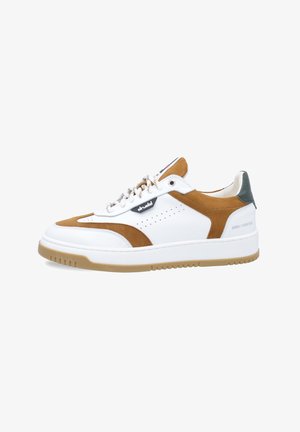 White sneaker with tan suede and leather accents, perforated design, and a beige rubber sole. Features lace-up closure and branding detail.