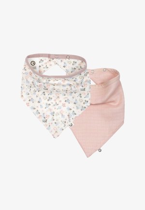 Two baby bandana bibs with snap closures, one in light pink and the other white with a pastel floral pattern.