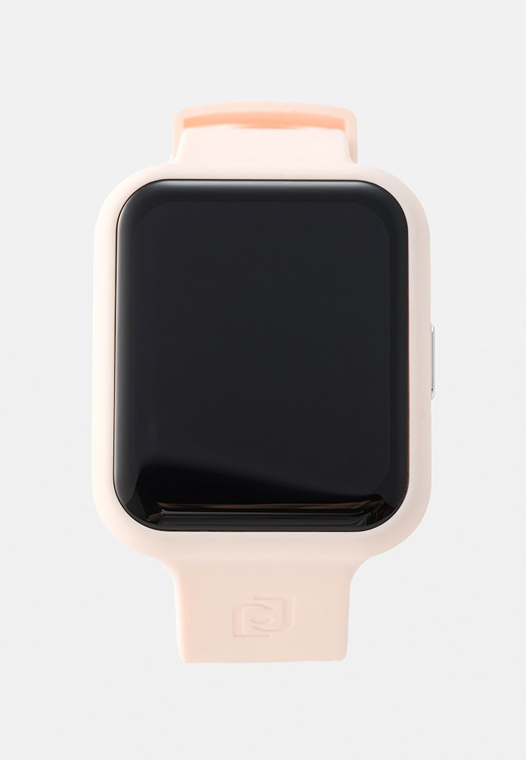 Smartwatch mit einem quadratischen schwarzen Bildschirm, pinkem Silikonarmband und silbernem seitlichen Knopf. Glatte Textur und minimalistisches Design.