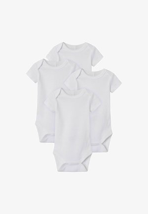 Four short-sleeve baby bodysuits in white cotton. Featuring a round neckline, snap closures at the bottom, and soft, smooth texture.
