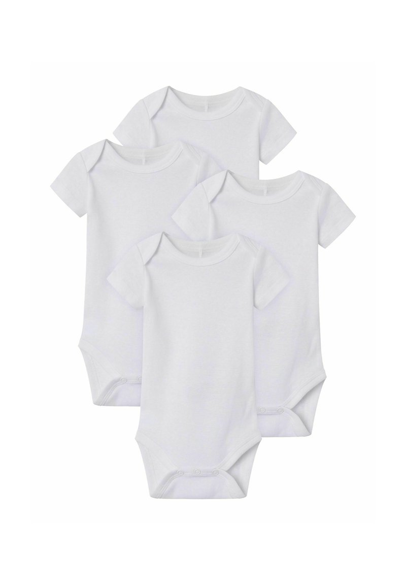 Quatre bodies pour bébé à manches courtes en coton blanc. Avec un col rond, des fermetures à pressions en bas et une texture douce et lisse.