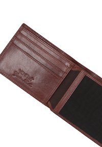 Bruine leren portemonnee met meerdere kaartsleuven, een gestructureerde binnenkant en geperst merkembleem. Het heeft een bifold ontwerp en een gladde afwerking.