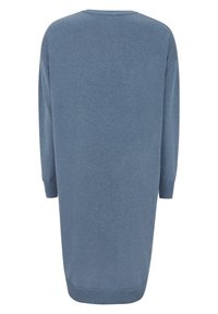 Abito blu lavorato a maglia, maniche lunghe, scollatura rotonda, polsini a costine, silhouette morbida, lunghezza media, texture morbida, senza motivi visibili o accenti.