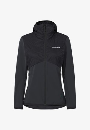 Zwarte softshell jas met capuchon, ritssluiting aan de voorkant, met rits afsluitbare zijzakken en Vaude-logo op de borst en mouw.
