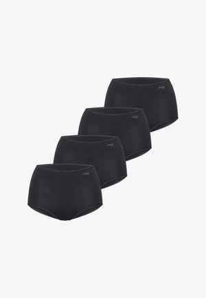 Quattro slip da donna neri a vita alta disposti in fila sfalsata con un piccolo logo "Sloggi" sulla fascia in vita.