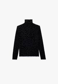Musta mock-neckneule pehmeästä kankaasta, jossa on teksturoitu leopardikuosi. Pitkät hihat ja suora helma. Takakatsaus.