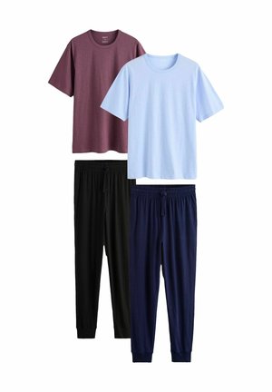 Two sets of casual loungewear featuring maroon and light blue short-sleeve t-shirts paired with black and navy jogger pants.