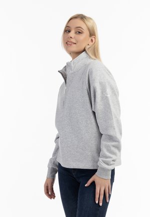 Grå zip-up sweatshirt lavet af blødt stof, med høj krave, lange ærmer og logo-detalje på venstre arm.