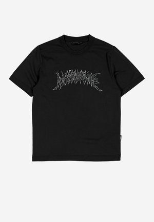 Camiseta negra de manga corta con gráfico de texto blanco en zigzag en el pecho y cuello redondo sobre fondo liso.