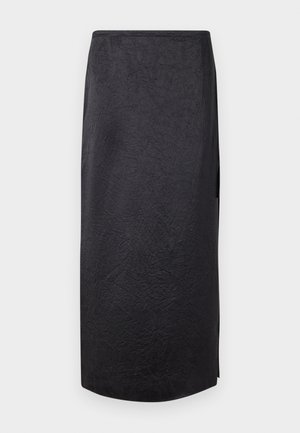 Black midi skirt with a crinkled texture, straight cut, and side slit. Material appears lightweight. Hemline is slightly rounded.