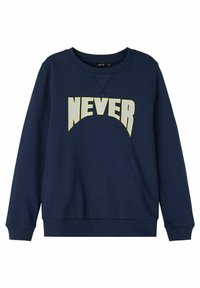 Felpa blu navy in misto cotone con colletto tondo, polsini e orlo a costine. Presenta la parola "NEVER" in evidenza in bianco e giallo chiaro.