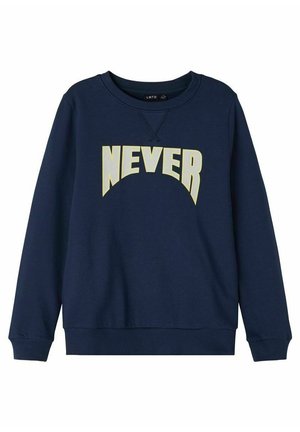 Marineblauwe sweatshirt van een katoenmix met een ronde hals, ribgebreide manchetten en zoom. Heeft "NEVER" in het wit en lichtgeel prominent afgebeeld.
