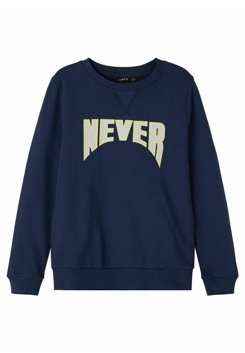 Felpa blu navy in misto cotone con colletto tondo, polsini e orlo a costine. Presenta la parola "NEVER" in evidenza in bianco e giallo chiaro.