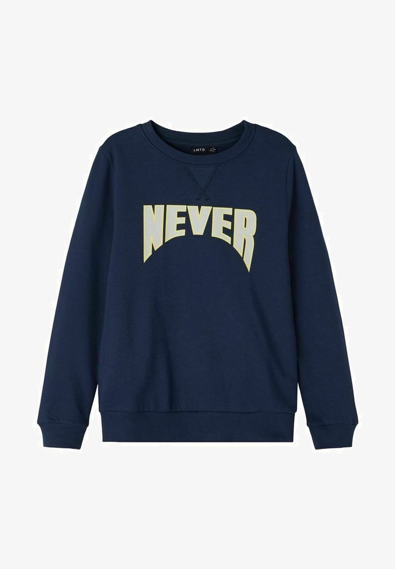 Felpa blu navy in misto cotone con colletto tondo, polsini e orlo a costine. Presenta la parola "NEVER" in evidenza in bianco e giallo chiaro.