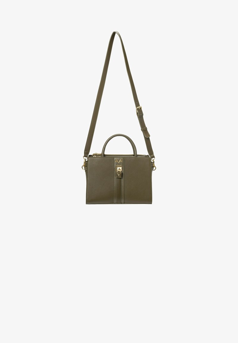 Olivgrünes Lederhandtasche mit goldenen Beschlägen, Obergriff, verstellbarem Schultergurt und vertikalen Akzentstreifen. Strukturierter Entwurf, Reißverschlussverschluss.