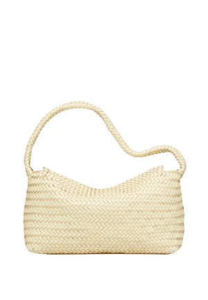Borsa a tracolla beige intrecciata con motivo a zigzag testurizzato e una singola tracolla intrecciata curva.