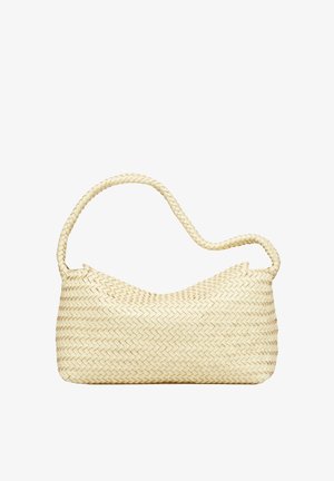 Borsa a tracolla beige intrecciata con motivo a zigzag testurizzato e una singola tracolla intrecciata curva.