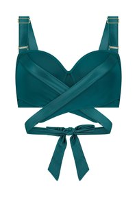 Bralet v modrozelené barvě s hladkým materiálem, tvarovanými košíčky, širokými ramínky, zlatými detaily a uzlem uprostřed.