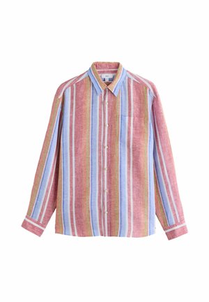 Langärmliges Hemd mit Knopfleiste und vertikalen Streifen in Pink, Blau, Weiß und Olivgrün, mit Brusttasche und klassischem Kragen.