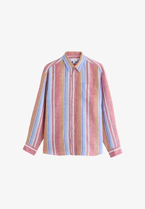 Hosszú ujjú gombos ing, függőleges csíkokkal rózsaszínben, kékben, fehérben és olívazöldben, mellkasi zsebbel és klasszikus gallérral.
