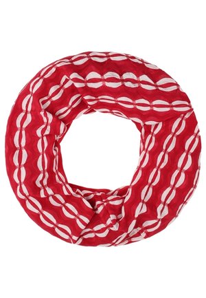 Czerwony szalik typu infinity z białym wzorem owalnych ogniw łańcucha, miękka teksturowana tkanina, ułożony w kształt koła na białym tle.