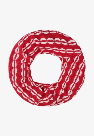 Écharpe rouge infinie avec un motif de maillons ovales blancs, tissu doux et texturé, disposée en forme circulaire sur un fond blanc.