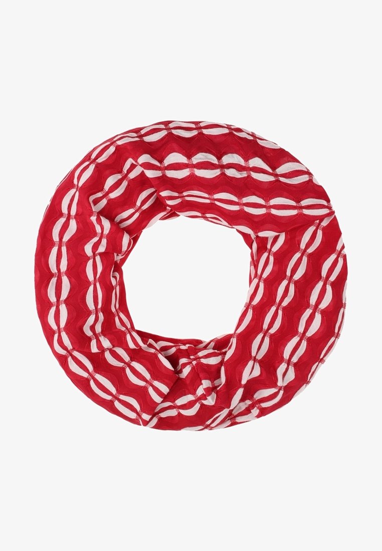 Écharpe rouge infinie avec un motif de maillons ovales blancs, tissu doux et texturé, disposée en forme circulaire sur un fond blanc.