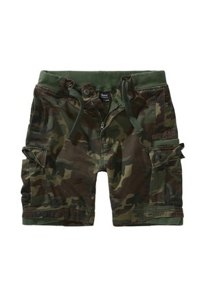 Camouflage-Cargoshorts in dunklen Grün- und Brauntönen, mit verstellbarem Taillenbund mit Kordelzug, Reißverschluss und seitlichen Taschen.