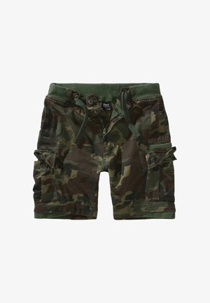 Maskirne cargo kratke hlače v temno zelenih in rjavih odtenkih, z nastavljivim pasom s vrvico, zadrgo na sprednji strani in detajli stranskih žepov.