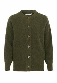 Olivgrüner Cardigan aus weichem, flauschigem Material, mit Rundhalsausschnitt und sechs großen Knöpfen vorne. Gerippte Bündchen und Saum.