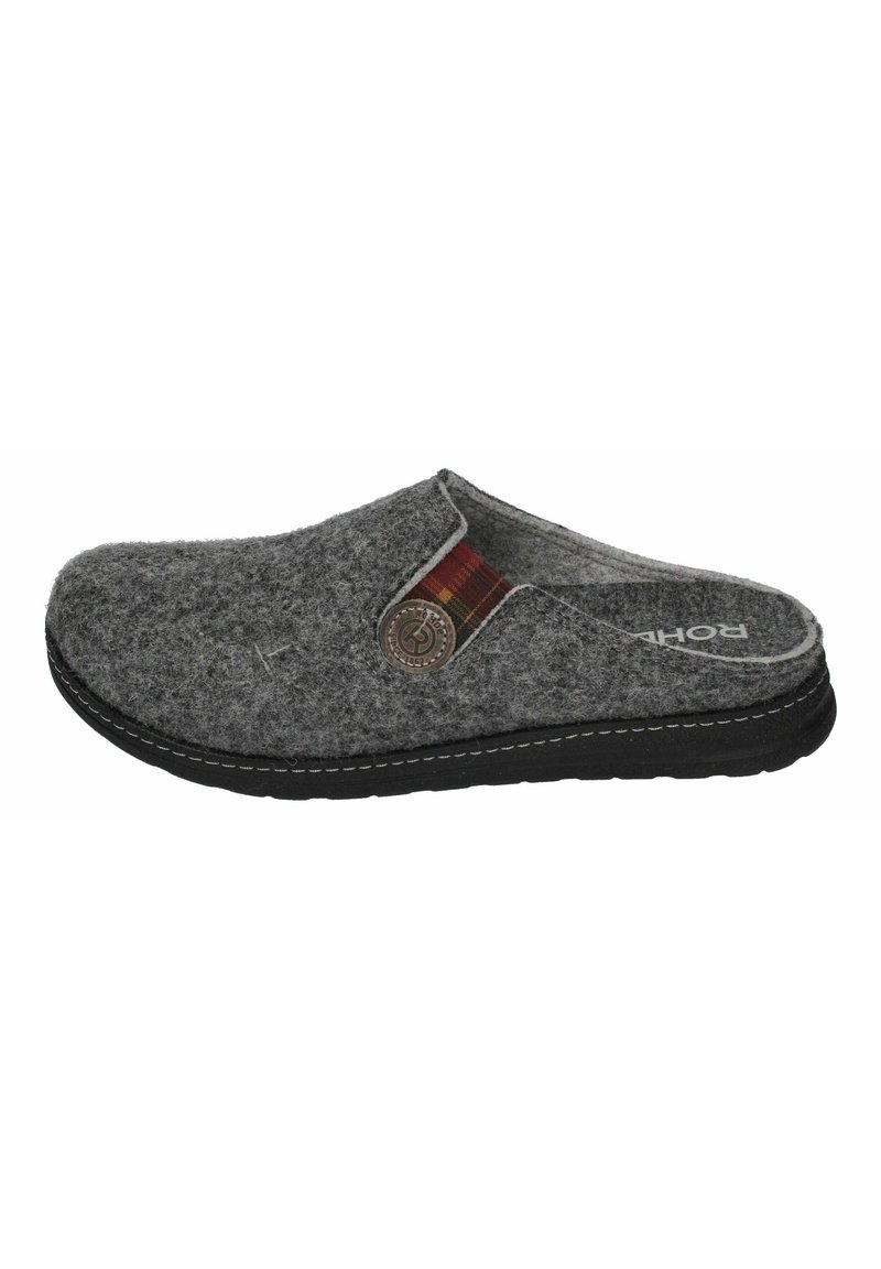 Pantofole grigie con suola in gomma nera, design slip-on, dettaglio a scacchi rosso e verde e particolare logo metallico rotondo. Superficie testurizzata.