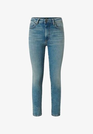 Jeans skinny in denim azzurro chiaro con aree sbiadite, dotati di chiusura con bottone e passanti per cintura. Realizzati con il tradizionale stile a cinque tasche.