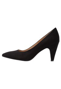 Zapato de tacón alto negro de ante con puntera puntiaguda y tacón cónico de altura media. Textura suave con un diseño sencillo y sin adornos visibles.