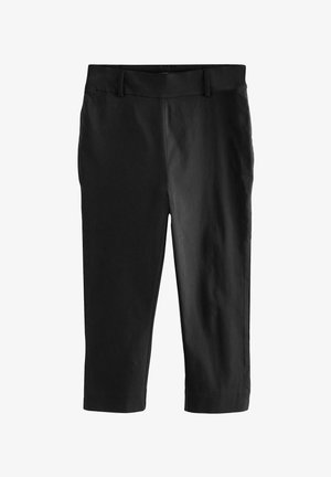 Pantalons noirs courts avec une texture lisse. Dotés d'une taille plate à l'avant et sans poches visibles, conçus pour un ajustement sur mesure.