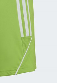 Helle grüne Sportshorts mit weißen vertikalen Streifen und einer strukturierten Tasche. Hergestellt aus leichtem Material mit einer glatten Oberfläche.