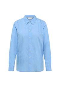 Chemise bleu clair à boutons avec rayures verticales blanches, manches longues et col pointu, présentée sur fond blanc.