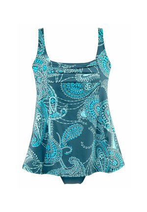 Blue and teal paisley patterned tankini swimsuit with adjustable straps and skirted bottom.