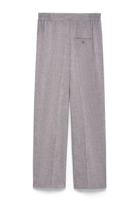 Grijze, gestructureerde broeken met een relaxte pasvorm. Voorzien van een elastische tailleband en een enkele achterzak met knoopsluiting.