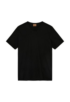 Camiseta negra de cuello en V, de manga corta, fabricada con un tejido suave. Presenta un corte relajado y un diseño minimalista sin gráficos ni patrones.