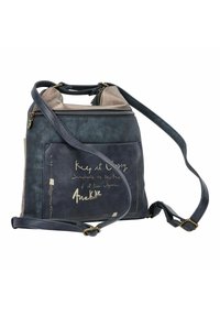 Blaue Kunstledertasche mit goldenen Akzenten, ausgestattet mit einem Reißverschluss, einer strukturierten Oberseite, einer Fronttasche und bedrucktem Textdesign. Verstellbarer Riemen angebracht.