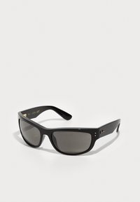 Ochelari de soare negri cu lentile gri închis, având o montură din plastic elegantă, cu un design ușor unghiular și detalii subtile din aur pe temple.