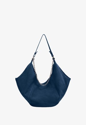 Navy suede hobo bag with a chain accent. Soft, curved shape with adjustable shoulder straps and a subtle embossed logo at the base.